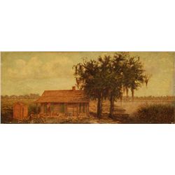 19th CENTURY OIL PAINTING ON CANVAS OF CABIN SCENE