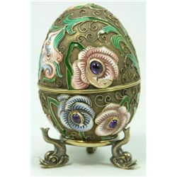 RUSSIAN SILVER ENAMELED JEWELED FLORAL EGG
