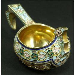 RUSSIAN SILVER ENAMELED FLORAL KOVSH