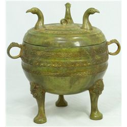 CHINESE BRONZE BIRDS COVERED FOOTED URN