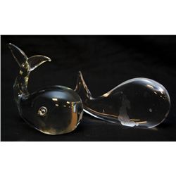 TWO SIGNED GLASS WHALE PAPERWEIGHTS