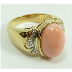 14K YG CORAL CABOCHON & DIAMOND RING