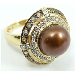 14K YELLOW GOLD DIAMOND & CHOCOLATE PEARL RING