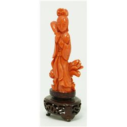 CHINESE CARVED RED CORAL QUAN YIN FIGURE