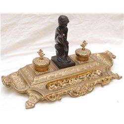 ANTIQUE EUROPEAN BRASS INKWELL WITH BRONZE GIRL