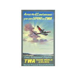 ACROSS THE U.S. AND OVERSEAS YOU CAN DEPEND ON TWA. 1950 CA. 100x62 cm. (39,3x24,4 in.). Litografía.