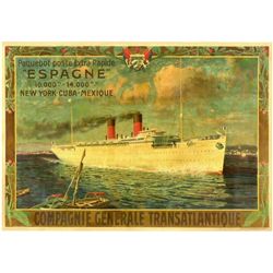 (Texto en Francés). COMPAGNIE GENERAL TRANSATLANTIQUE. PAQUEBOT POSTE ´ESPAGNE´. (1925 CA.). 83x118c