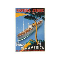 NAVIERA AZNAR. VIAJE Vd. A  AMERICA EN LAS MOTONAVES ESPAÑOLAS. 1950 ca. 71x52 cm. (28x20,5 in.). Li