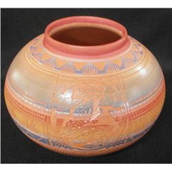 Large Navajo Butterfly Painted & Etched Squat Bowl