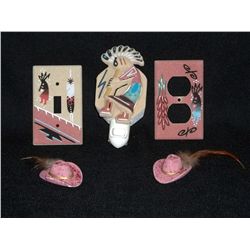 Sand Painted Electric Decor & 2 Cowboy Hat Magnets