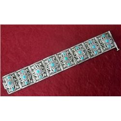 Fine Filigree Silver 8 Panel Bracelet w/Turquoise