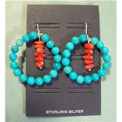 Turquoise & Coral Sterling Silver Hook Earrings