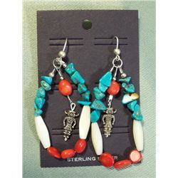 Kachina Drop Earrings w/Turquoise, Coral & Shell