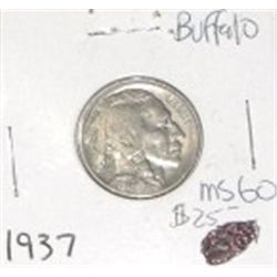 1937 BUFFALO NICKEL RED BOOK VALUE IS $25.00 *RARE MINT STATE MS-60 HIGH GRADE*!!