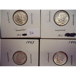 1941,42,43 & 44 MERCURY DIMES (UNC)