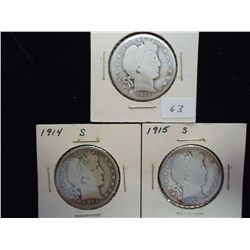 1913-S,14-S & 15-S BARBER HALF DOLLARS