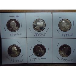 1986-S-1991-S WASHINGTON QUARTERS PROOF 6 COINS