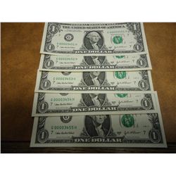 5-2003-A $1 FRN'S CONSECUTIVE LOW SERIAL #'S