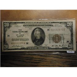 1929 $20 NATIONAL CURRENCY ST. LOUIS