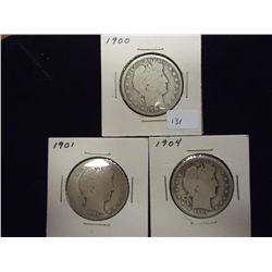1900,01 & 04 BARBER HALF DOLLARS