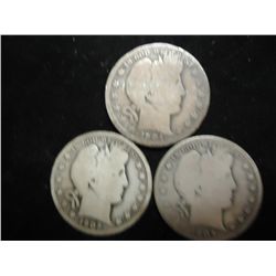 1901-O,1902 & 07 BARBER HALF DOLLARS