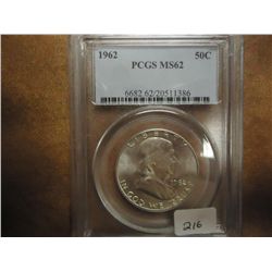 1962 FRANKLIN HALF DOLLAR PCGS MS62