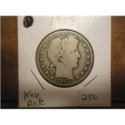 1913 BARBER HALF DOLLAR (VERY GOOD) (KEY DATE)