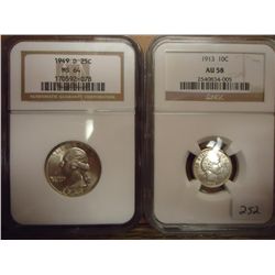1913 BARBER DIME NGC AU58 & 49-D WASHINGTON 1/4
