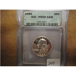 1958 WASHINGTON SILVER QUARTER ICG PR69 CAM