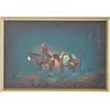 Image 1 : Original oil painting on canvas of a cowboy  on horseback with packhorses at night on the  plains by