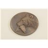 Image 1 : Small cast bronze disc by famed Western  artist Michael Coleman of a bear with salmon  in his mouth 
