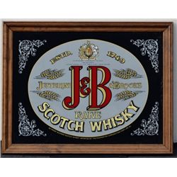 Wood framed bar mirror advertising J & B  Scotch Whisky, approx. 21” x 27” in very good  condition. 