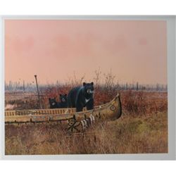 Large Michael Coleman color print of a mother  bear and her cubs raiding a fishing camp,  approx. 17