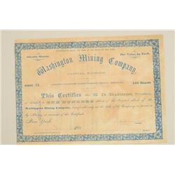 Washington Mining Company Stock Certificate  for 100 shares “Tombstone Mining District,  Arizona ter