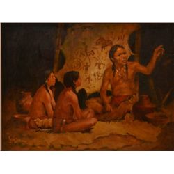 Original oil painting on canvas signed L.  Tayson lower left portraying Indian  storyteller reading 