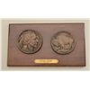 Image 1 : Two large cast bronze medallions featuring  buffalo nickel by Fraizer on display plaque,  approx. 10