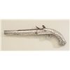 Image 1 : Flintlock Chieftain’s grade Horseman’s size  pistol with hand hammered sheet silver  overlay and hea