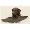 Image 1 : Antique brass inkwell in for of dog with  game; 12” across, 5” in height, no glass well  for ink, he