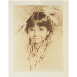 Etching of a young  Indian girl by well-known  artist Harley Brown, facing forward with  feathers in