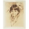Etching of a young  Indian girl by well-known  artist Harley Brown, facing forward with  feathers in