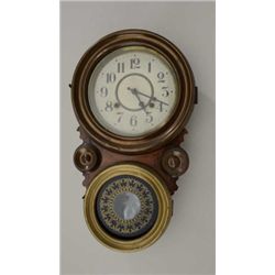 Japanese wall clock – no name – wood case.   Aichiken label on back.  Pendulum and key.   Chimes on 