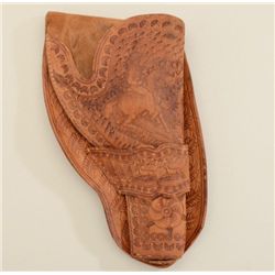 Tooled leather single loop holster with  embossed cowboy and horse for a Colt SAA,  unmarked but lik