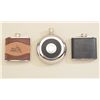 Image 1 : Lot of three drinking flasks including a  metal flask approx. 5” in diameter with  integral thimble 