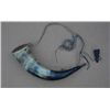 Image 1 : Powder horn and small priming horn set  approx. 11” overall (priming horn approx. 2”)  with carved w