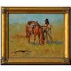 Image 1 : Original oil on board signed D. McCaw showing  frontiersman ready to shoot his plains rifle  using h
