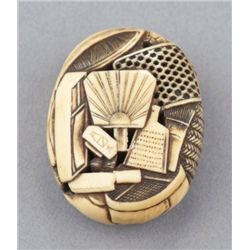 A ivory ryusa manju of kitchen utensils.