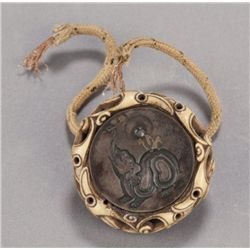 Shibuichi & stag antler kagamibuta, Fugen Bosatsu