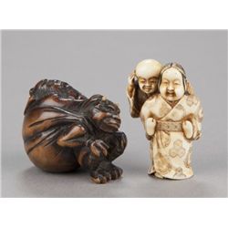 Group of two netsuke with reverse roles, various m