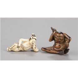 A group of two netsuke, various materials.