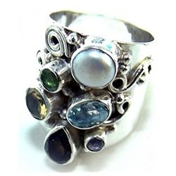 Silver and Mixed Faceted Stones & Pearl Ring